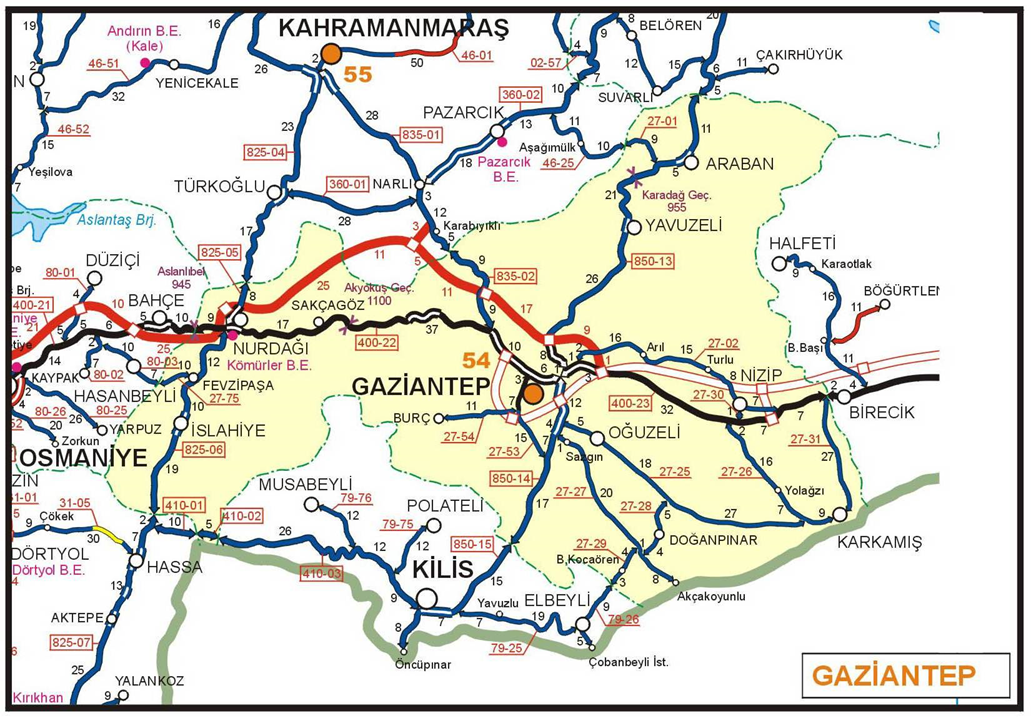Gaziantep Haritası Gaziantep'in İlçeleri Haritası